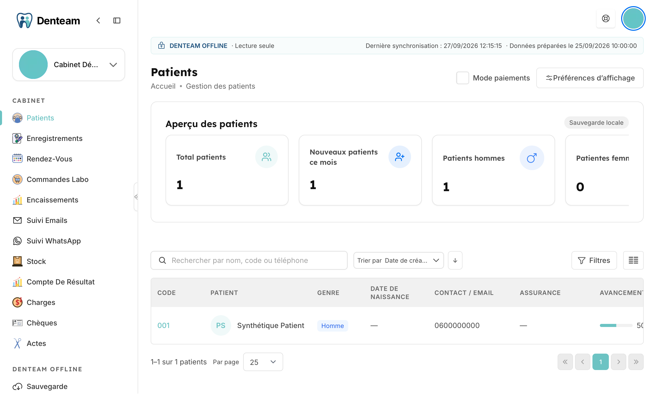 Denteam Offline : liste des patients en lecture seule